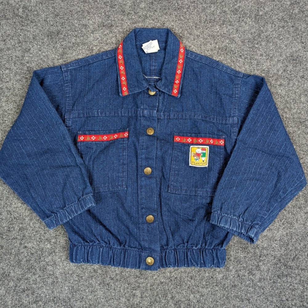 Vintage OshKosh Bgosh Girls 5 Denim Jacket Blue Pinstripe Cat Patch USA